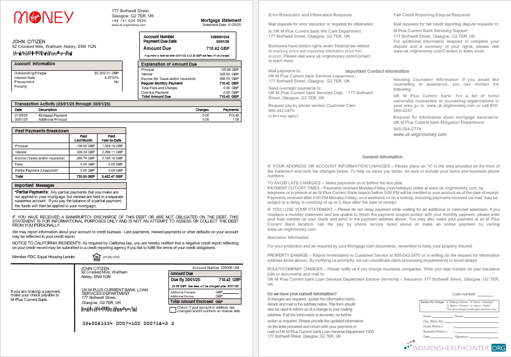 Download United Kingdom M Plus Current bank mortgage statement in Word and PDF formats Photoshop template